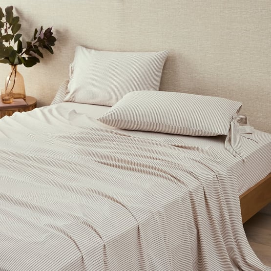 Stonewashed Cotton Coconut & Chocolate Thin Stripe Sheet Separates