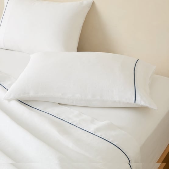 Vintage Washed Linen White & Denim Piped Sheet Separates