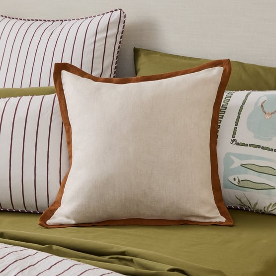 Belgian Vintage Washed Linen Border Cushion Linen/Brown Sugar