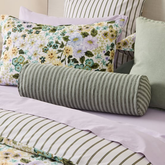 Belgian Vintage Washed Linen Gumleaf & Pine Bengal Stripe Bolster Cushion