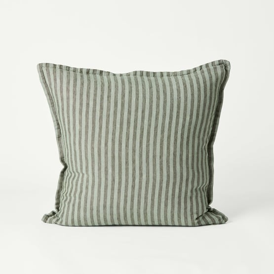 Belgian Vintage Washed Linen Bengal Stripe Gumleaf & Pine Cushion