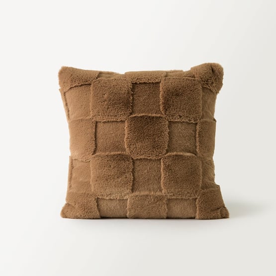 Clea Mocha Check Recycled Fur Cushion