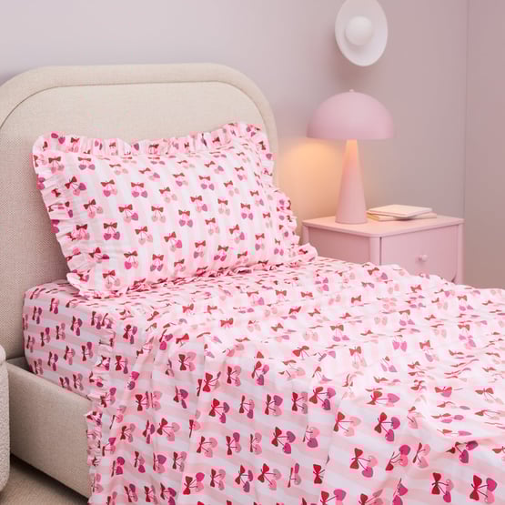 Cherry Bow Pink Ruffle Sheet Set