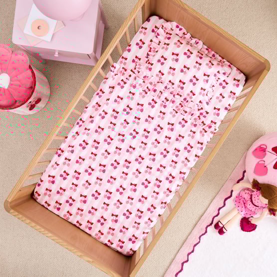 Cherry Bow Pink Ruffle Cot Sheet Set