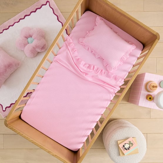 Harper Pink Stripe Ruffle Cot Sheet Set