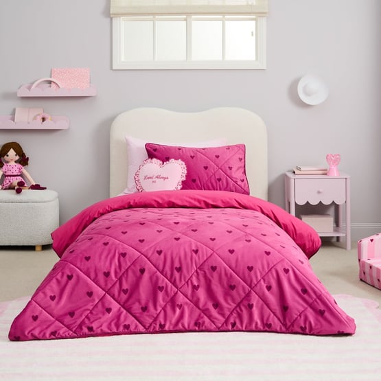 Velvet Pink Heart Quilted Quilt Cover Set