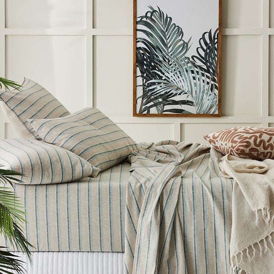Vintage Washed Linen Cotton Cloud Blue Stripe Sheet Set