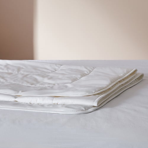 Wool quilt folded and placed on top of a bed.