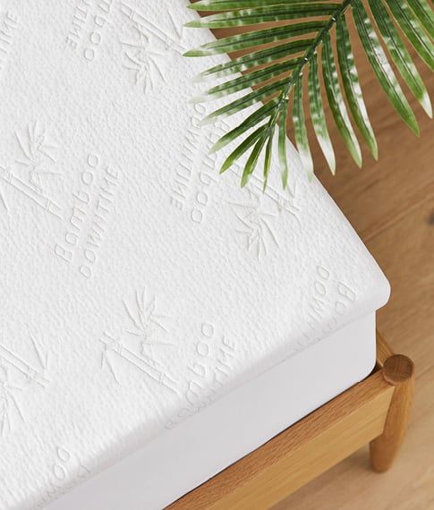 Bird’s eye view of a Bamboo Mattress Topper with the edge of a plant peeping over the top into the image.