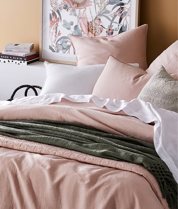 Vintage washed linen Pink and light pink bed sheets, quilt cover and pillow set