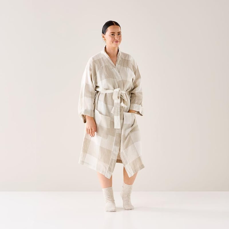 Vintage Washed Linen Large Linen Check Robe