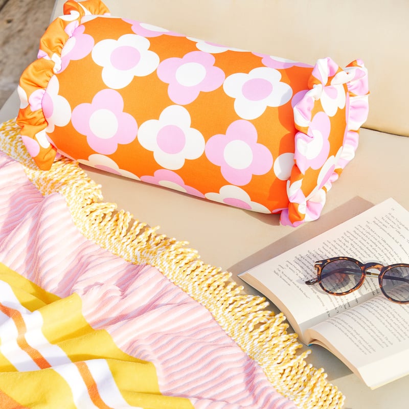 Retro Grid Daisy Cylinder Beach Pillow