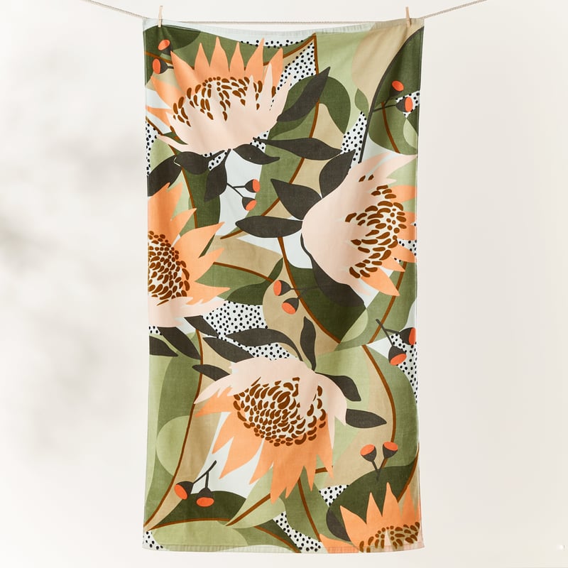 Sand Free Waratah Green Beach Towel