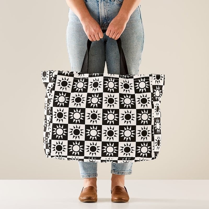 Canvas Black Check Beach Bag