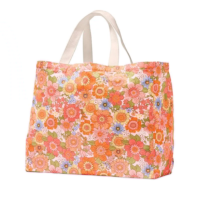 Retro Floral Pink Canvas Beach Bag