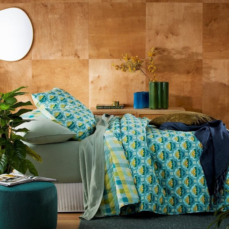 Retro Stems Peacock Quilted Coverlet + Pillowcases