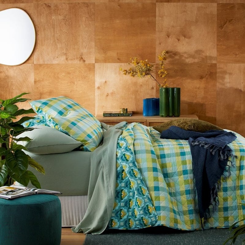 Retro Stems Peacock Quilted Coverlet + Pillowcases