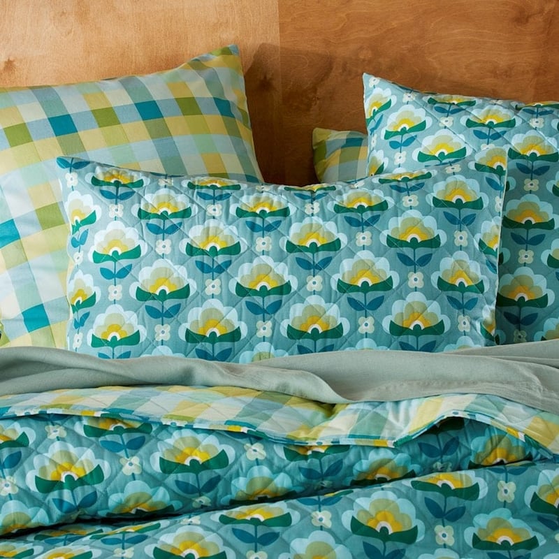 Retro Stems Peacock Quilted Coverlet + Pillowcases