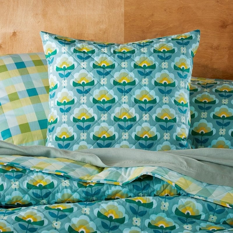 Retro Stems Peacock Quilted Coverlet + Pillowcases