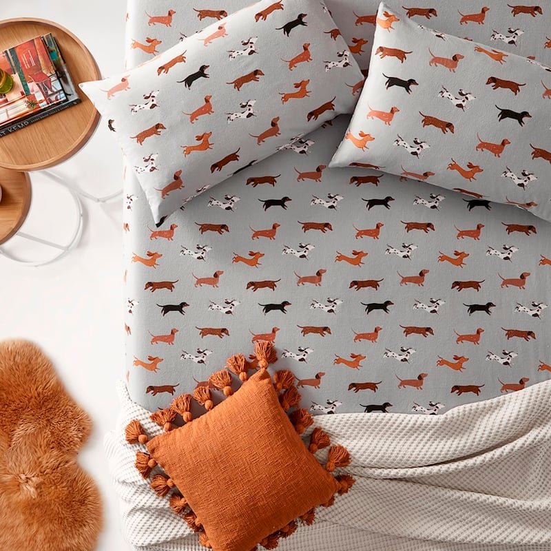 Printed Silver Dachshund Flannelette Sheet Separates + Pillowcases