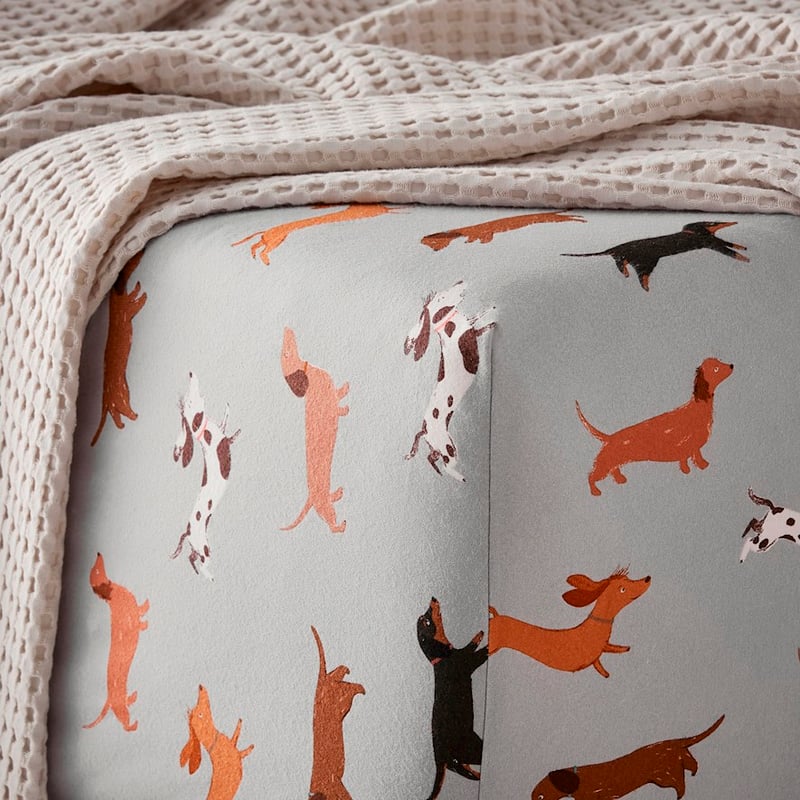 Printed Silver Dachshund Flannelette Sheet Separates + Pillowcases