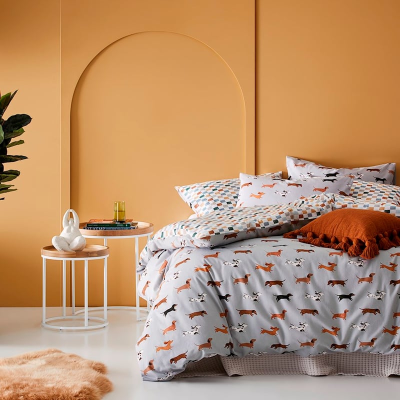 Printed Silver Dachshund Flannelette Quilt Cover Set + Pillowcases