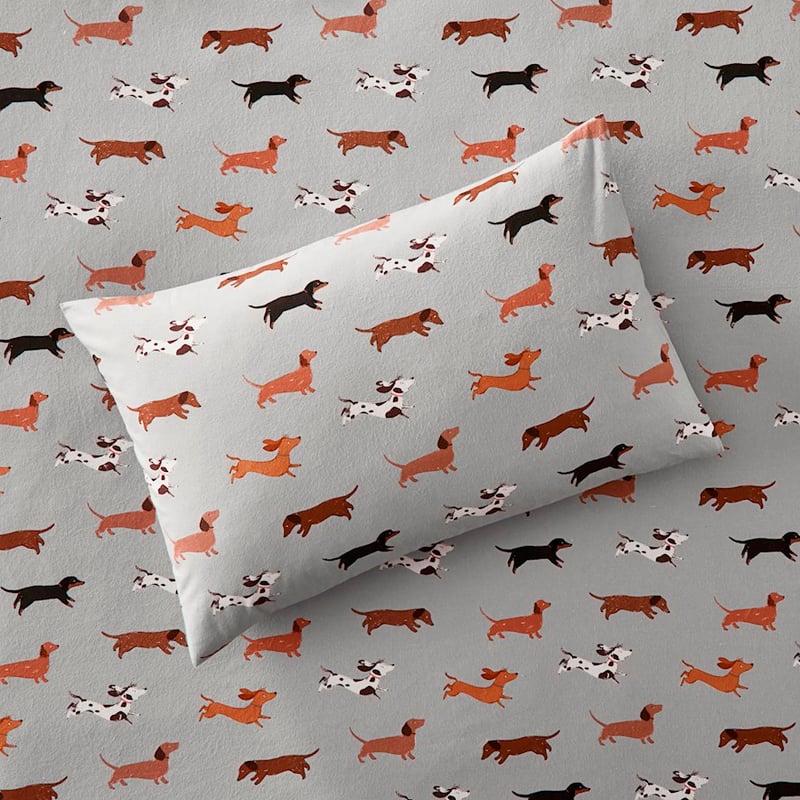 Printed Silver Dachshund Flannelette Sheet Set + Pillowcases