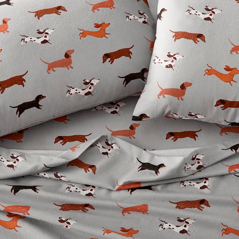 Printed Silver Dachshund Flannelette Sheet Set + Pillowcases