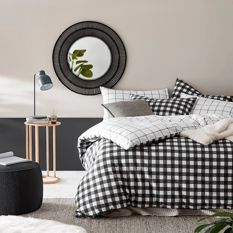 Printed Gingham Charcoal Flannelette Quilt Cover Set + Pillowcases