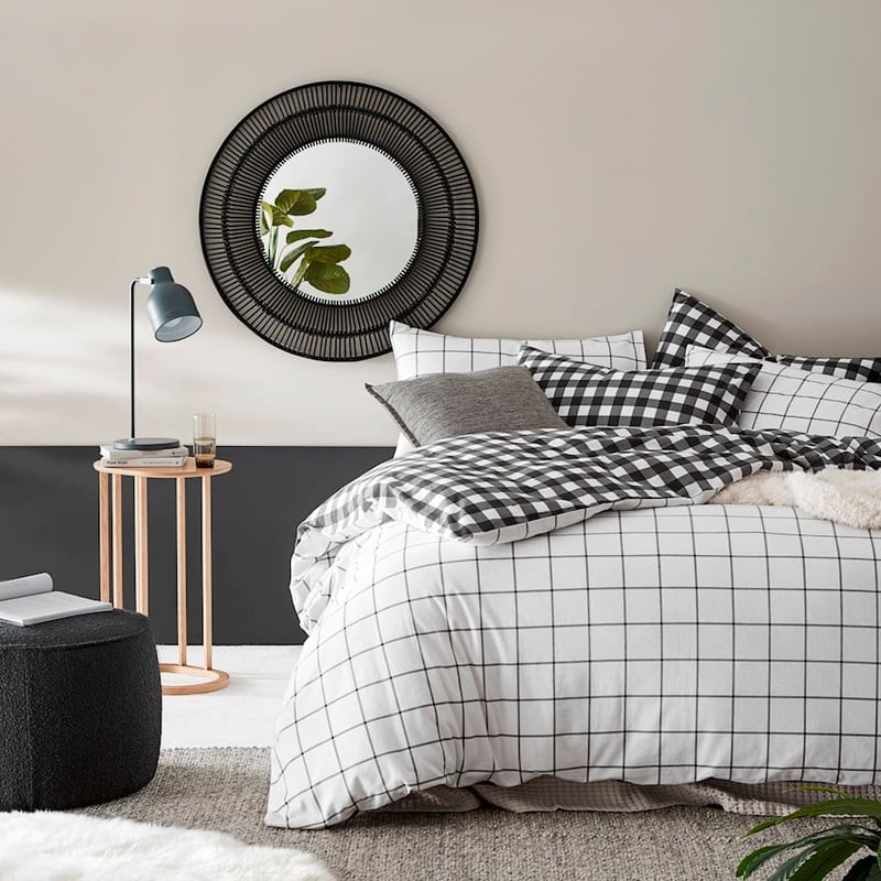 Printed Gingham Charcoal Flannelette Quilt Cover Set + Pillowcases
