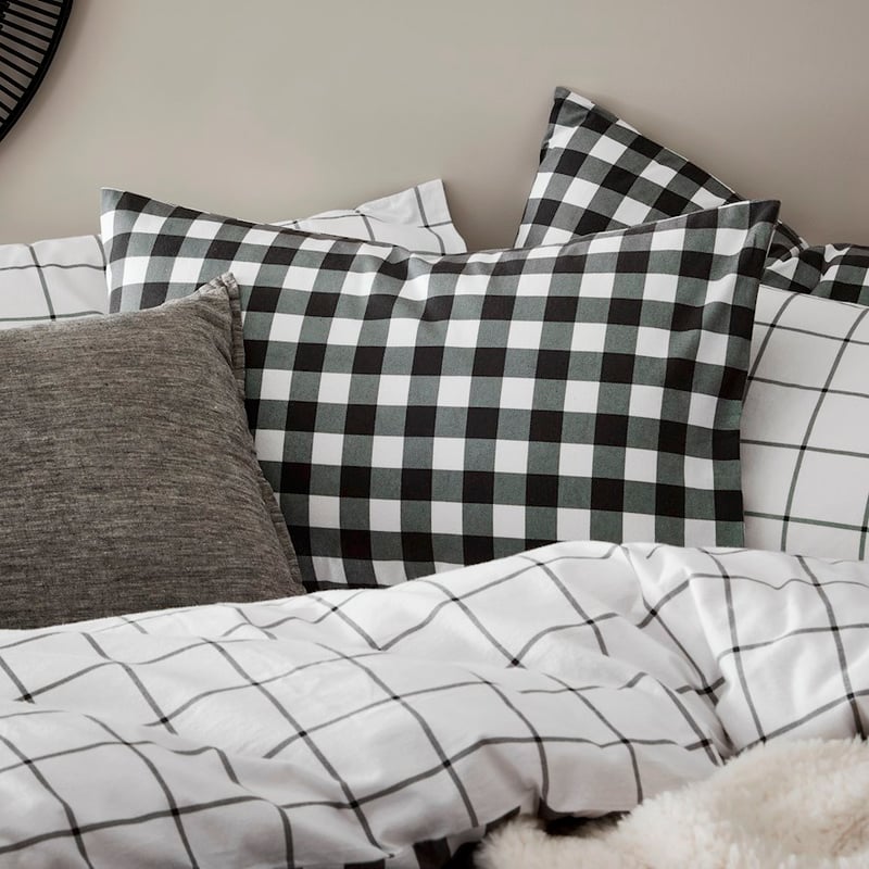Printed Gingham Charcoal Flannelette Quilt Cover Set + Pillowcases