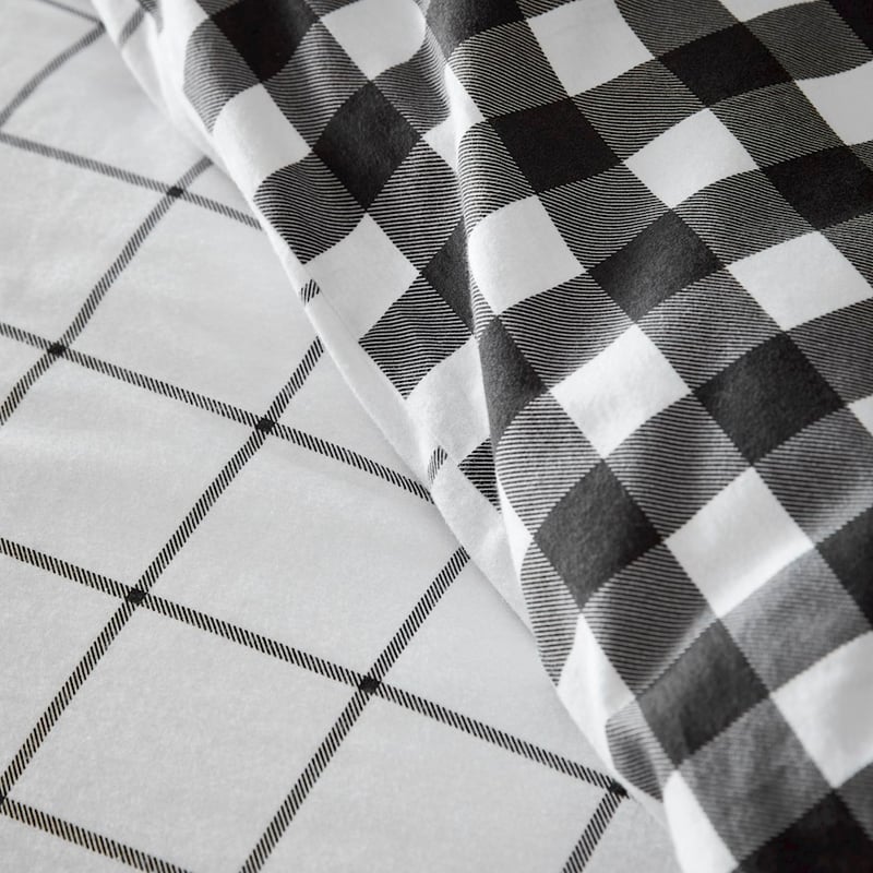 Printed Gingham Charcoal Flannelette Quilt Cover Set + Pillowcases