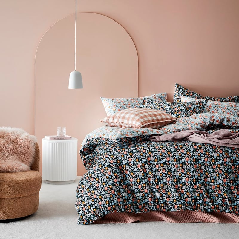 Printed Wild Bloom Navy Flannelette Quilt Cover Set + Pillowcases