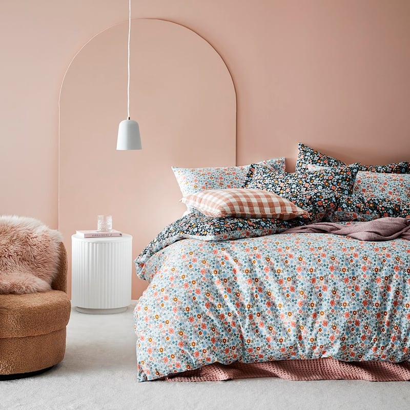 Printed Wild Bloom Navy Flannelette Quilt Cover Set + Pillowcases