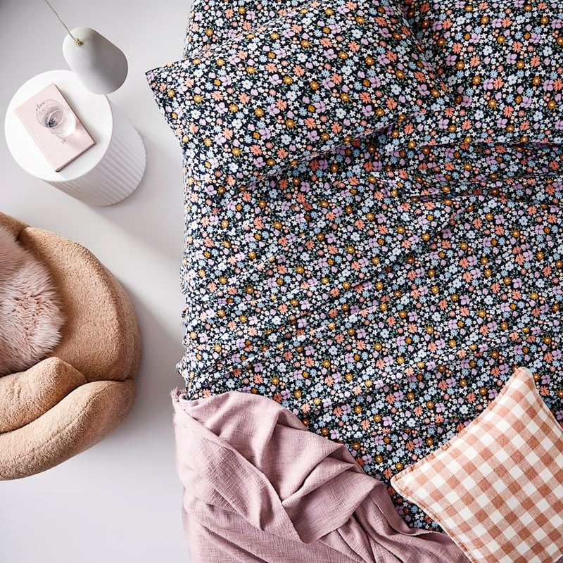 Printed Wild Bloom Navy Flannelette Sheet Set + Pillowcases