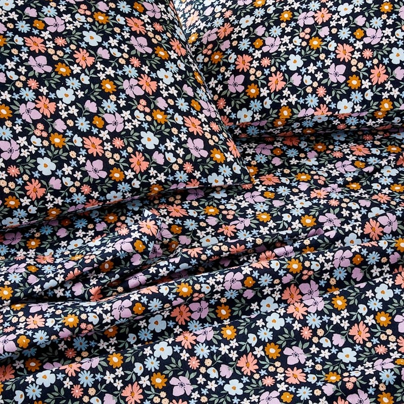 Printed Wild Bloom Navy Flannelette Sheet Set + Pillowcases