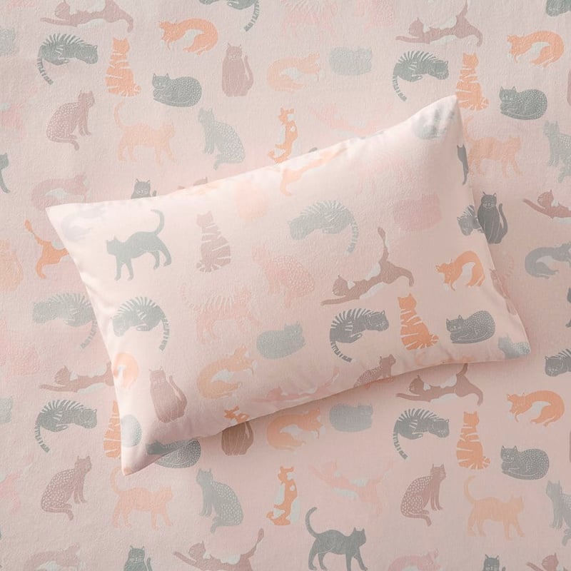 Printed Pink Cat Flannelette Sheet Separates + Pillowcases