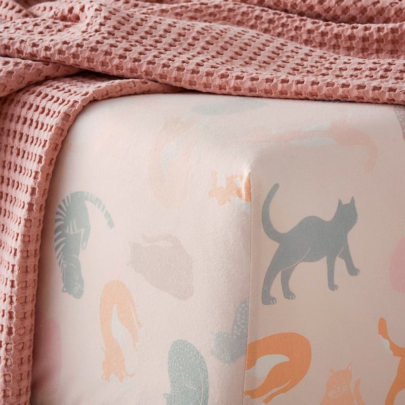 Printed Pink Cat Flannelette Sheet Separates + Pillowcases