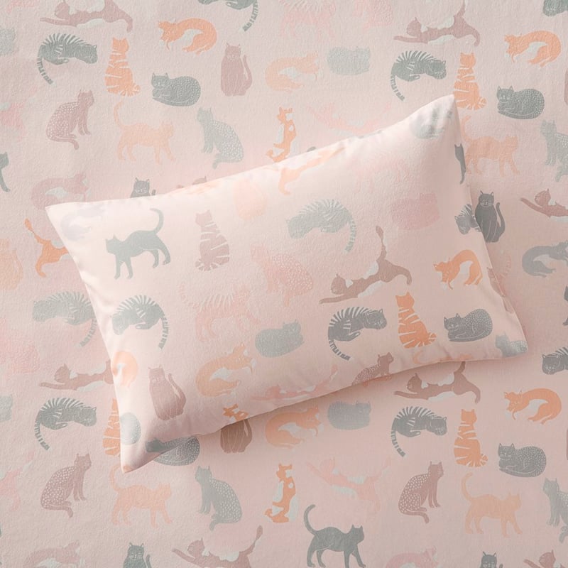 Printed Pink Cat Flannelette Sheet Set + Pillowcases