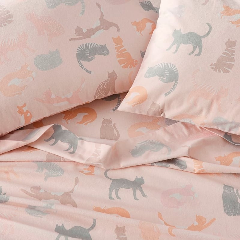 Printed Pink Cat Flannelette Sheet Set + Pillowcases