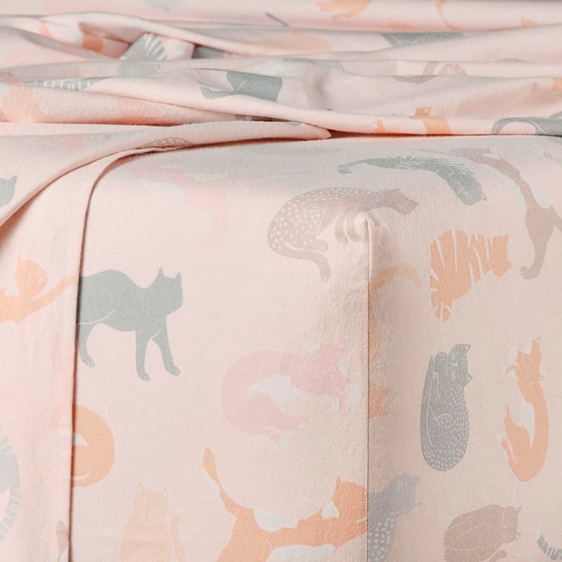 Printed Pink Cat Flannelette Sheet Set + Pillowcases
