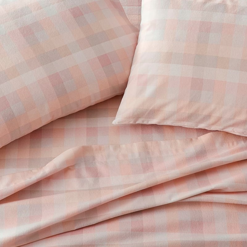 Printed Pink Dusty Check Flannelette Sheet Set + Pillowcases