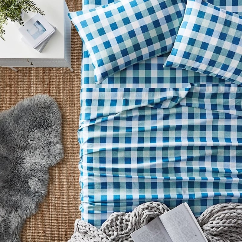 Printed Flannelette Blue Check Sheet Set + Pillowcases