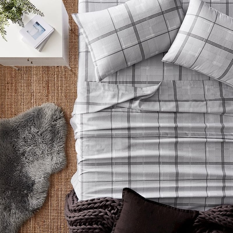 Printed Flannelette Grey Check Sheet Set + Pillowcases
