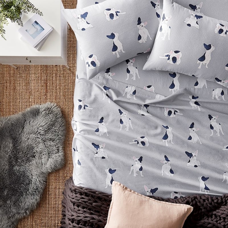 Printed Flannelette Grey Frenchie Sheet Set + Pillowcases