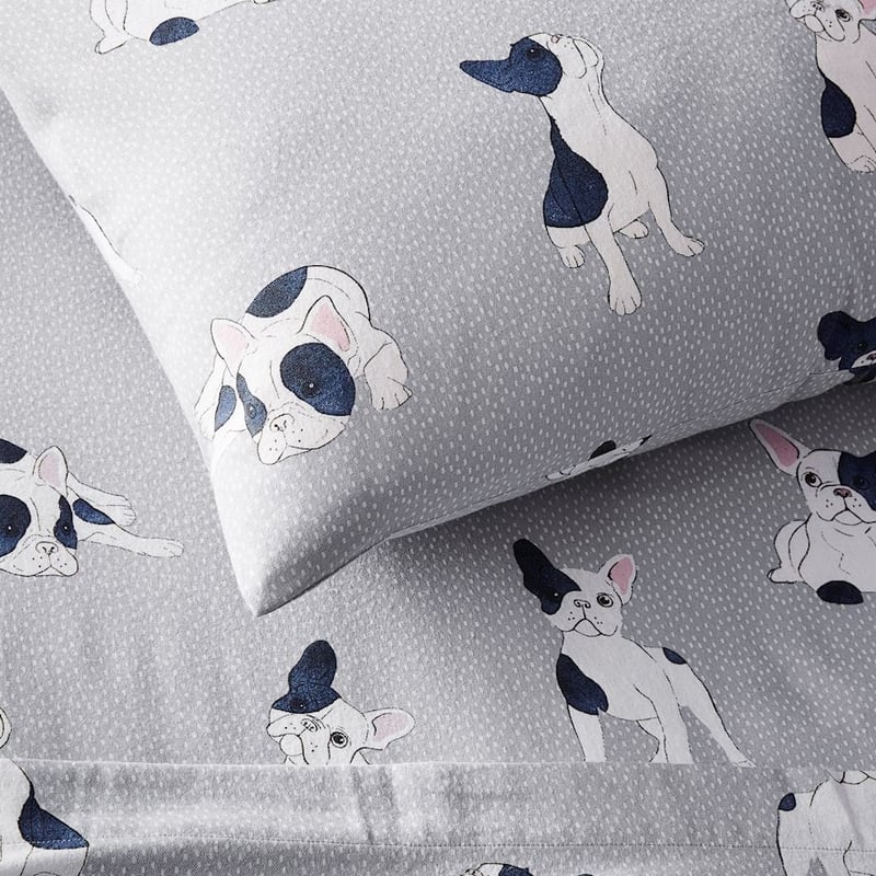 Printed Flannelette Grey Frenchie Sheet Set + Pillowcases