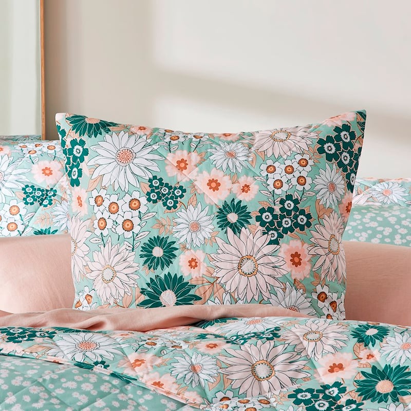 Phoebe Floral Phoebe Floral Green Quilted PillowcasesGreen Quilted Coverlet + Pillowcases