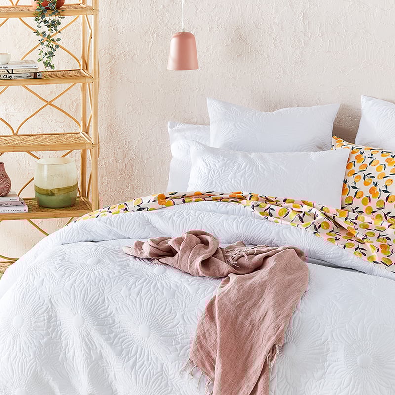 Sunflower Quilted White Quilt Cover + Pillowcases