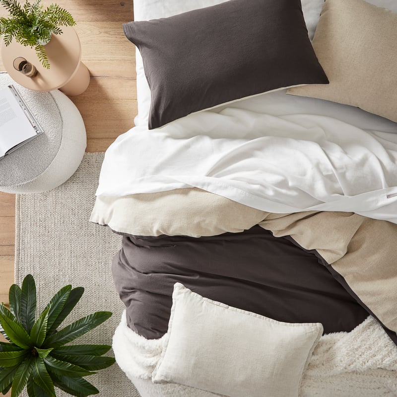 Olsen Linen Cotton Natural & Coal Quilt Cover Set + Pillowcases