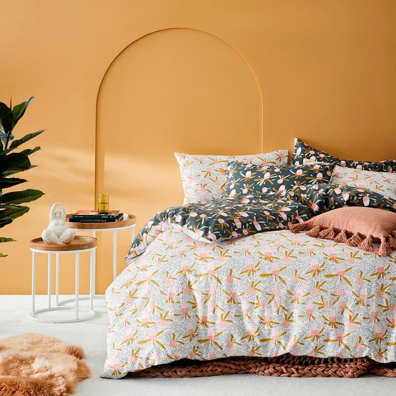 Printed White Banksia Flannelette Quilt Cover Set + Pillowcases